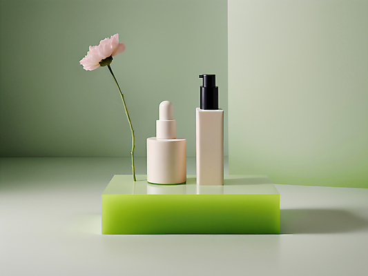 JPG 편집이미지 꽃 백그라운드 사람없음 연두색 뷰티 화장품 디지털합성 모던 심플 스킨케어 공병 목업 편집소스 세련 편집실사 AI포토 AI콘텐츠 식물 초록색 CG 병_담는 파일형식