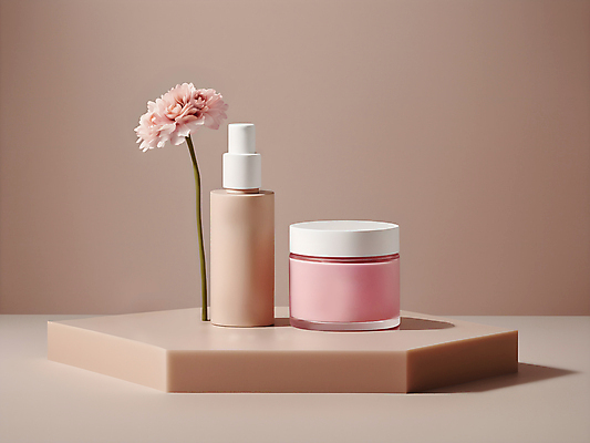 JPG 편집이미지 꽃 분홍색 국화 사람없음 뷰티 화장품 크림 디지털합성 모던 심플 스킨케어 공병 베이지색 목업 편집소스 세련 편집실사 AI포토 AI콘텐츠 식물 컬러 CG 병_담는 파일형식