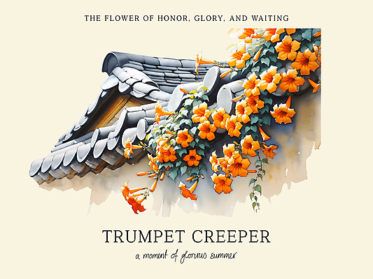 PSD 편집이미지 꽃 지붕 수채화 한옥 기와 사람없음 여름 담장 노란색 주황색 능소화 이미지편집 식물 한국전통 계절 컬러 고건축 파일형식