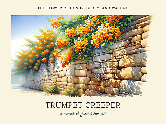 PSD 편집이미지 꽃 수채화 돌담 사람없음 여름 담장 주황색 능소화 이미지편집 식물 계절 컬러 돌_바위 파일형식