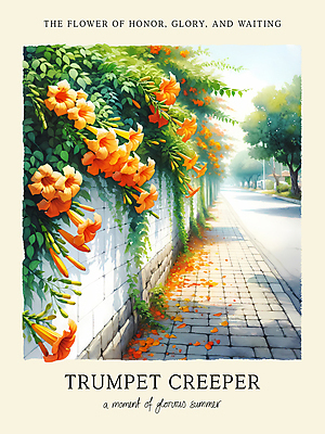 PSD 편집이미지 꽃 길 수채화 사람없음 여름 담장 주황색 능소화 이미지편집 식물 계절 컬러 파일형식