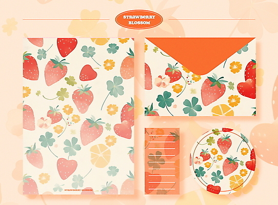 PSD 디자인 꽃잎 스티커 패턴 일러스트 딸기 문구용품 봉투 사람없음 세트 주황색 봄 클로버 편지지 국내일러스트 계절 꽃 컬러 무늬 과일 편지 오브젝트 파일형식