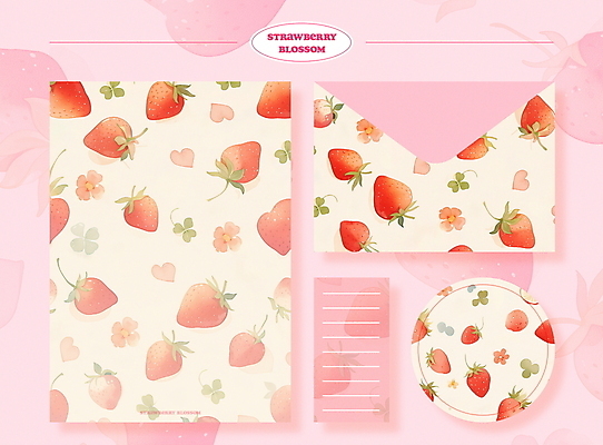 PSD 디자인 꽃잎 꽃 분홍색 스티커 패턴 일러스트 딸기 문구용품 봉투 사람없음 세트 봄 편지지 국내일러스트 식물 계절 컬러 무늬 과일 편지 오브젝트 파일형식