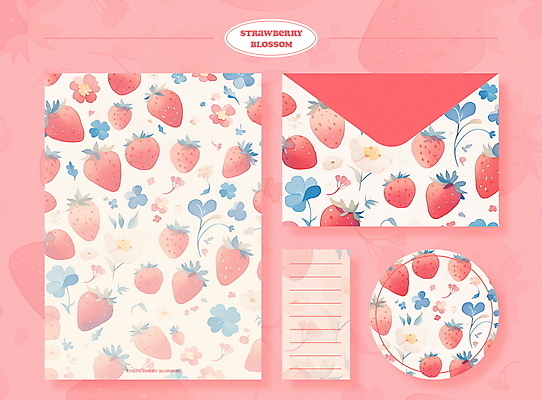 PSD 디자인 꽃잎 꽃 분홍색 스티커 패턴 일러스트 딸기 문구용품 봉투 사람없음 빨간색 세트 봄 클로버 편지지 상큼 국내일러스트 식물 계절 컬러 무늬 과일 편지 오브젝트 파일형식