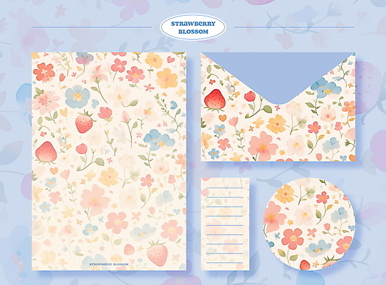 PSD 디자인 꽃잎 꽃 하늘색 스티커 패턴 일러스트 딸기 문구용품 봉투 사람없음 세트 봄 편지지 국내일러스트 식물 계절 무늬 과일 파란색 편지 오브젝트 파일형식