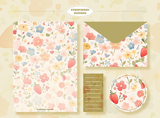 PSD 디자인 꽃잎 꽃 스티커 패턴 일러스트 딸기 문구용품 봉투 사람없음 초록색 세트 봄 편지지 베이지색 국내일러스트 식물 계절 컬러 무늬 과일 편지 오브젝트 파일형식