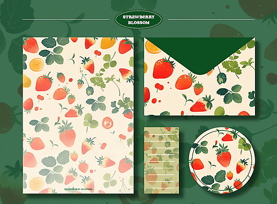 PSD 디자인 꽃잎 꽃 스티커 패턴 일러스트 딸기 문구용품 봉투 사람없음 초록색 세트 봄 편지지 국내일러스트 식물 계절 컬러 무늬 과일 편지 오브젝트 파일형식