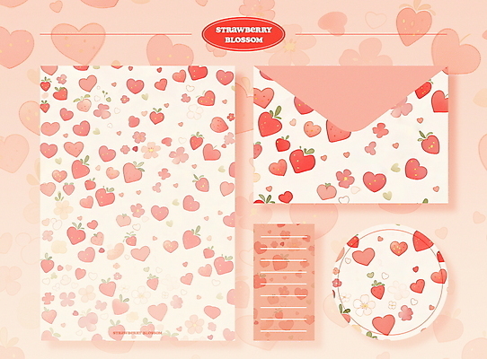 PSD 디자인 꽃잎 분홍색 스티커 패턴 일러스트 딸기 문구용품 봉투 사랑 사람없음 세트 편지지 감성 국내일러스트 꽃 감정 컬러 컨셉 무늬 과일 편지 오브젝트 파일형식