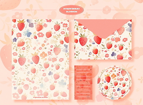 PSD 디자인 꽃잎 꽃 분홍색 스티커 패턴 일러스트 딸기 문구용품 봉투 사람없음 세트 봄 편지지 국내일러스트 식물 계절 컬러 무늬 과일 편지 오브젝트 파일형식