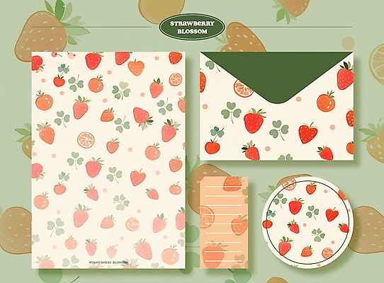PSD 디자인 스티커 패턴 일러스트 딸기 문구용품 봉투 사람없음 초록색 세트 봄 편지지 국내일러스트 계절 컬러 무늬 과일 편지 오브젝트 파일형식