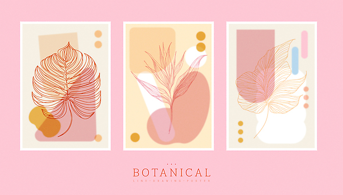 식물 디자인 포스터 분홍색 잎 일러스트 추상 사람없음 세트 라인아트 심플 벽장식 파스텔톤 미니멀 국내일러스트 AI파일 선 컬러 무늬 장식 파일형식 벡터