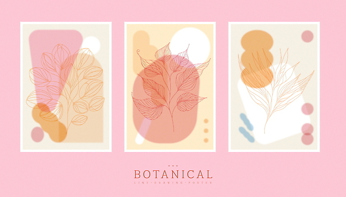 식물 디자인 포스터 분홍색 잎 일러스트 추상 사람없음 세트 라인아트 심플 벽장식 파스텔톤 미니멀 국내일러스트 AI파일 선 컬러 무늬 장식 파일형식 벡터