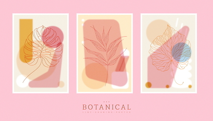 식물 디자인 포스터 분홍색 잎 일러스트 추상 사람없음 세트 라인아트 심플 벽장식 파스텔톤 미니멀 국내일러스트 AI파일 선 컬러 무늬 장식 파일형식 벡터