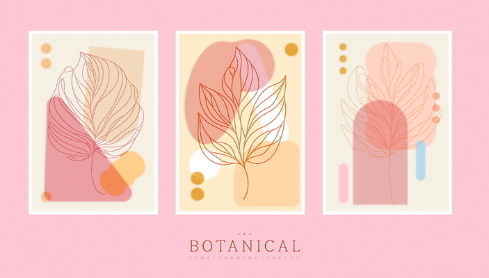 식물 디자인 포스터 분홍색 잎 일러스트 추상 사람없음 세트 라인아트 심플 벽장식 파스텔톤 미니멀 국내일러스트 AI파일 선 컬러 무늬 장식 파일형식 벡터