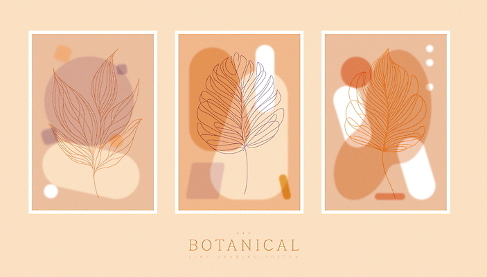 식물 디자인 포스터 잎 일러스트 사람없음 세트 주황색 라인아트 심플 벽장식 파스텔톤 세련 미니멀 국내일러스트 AI파일 선 컬러 장식 파일형식 벡터