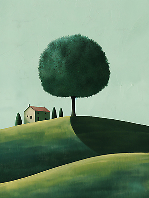 JPG 나무 길 백그라운드 일러스트 자연 하늘 주택 풍경 사람없음 초록색 평화 언덕 디지털합성 심플 화창 편집소스 목가 국내일러스트 AI일러스트 AI콘텐츠 식물 컬러 컨셉 날씨 건물 생태계 파일형식