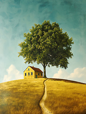 JPG 나무 길 백그라운드 일러스트 자연 하늘 주택 풍경 사람없음 초록색 평화 언덕 디지털합성 심플 화창 편집소스 목가 국내일러스트 AI일러스트 AI콘텐츠 식물 컬러 컨셉 날씨 건물 생태계 파일형식