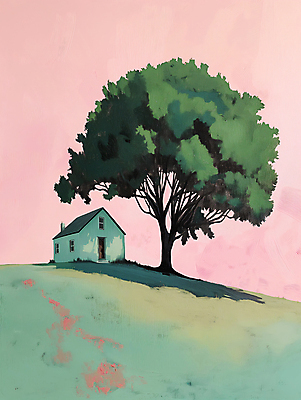 JPG 나무 길 분홍색 백그라운드 일러스트 자연 하늘 주택 풍경 사람없음 초록색 평화 언덕 디지털합성 심플 화창 편집소스 목가 국내일러스트 AI일러스트 AI콘텐츠 식물 컬러 컨셉 날씨 건물 생태계 파일형식