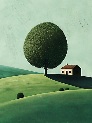 JPG 나무 길 백그라운드 일러스트 자연 하늘 주택 풍경 사람없음 초록색 평화 언덕 디지털합성 심플 화창 편집소스 목가 국내일러스트 AI일러스트 AI콘텐츠 식물 컬러 컨셉 날씨 건물 생태계 파일형식