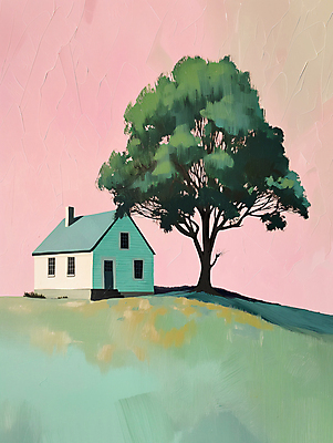 JPG 나무 길 분홍색 백그라운드 일러스트 자연 하늘 주택 풍경 사람없음 초록색 평화 언덕 디지털합성 심플 화창 편집소스 목가 국내일러스트 AI일러스트 AI콘텐츠 식물 컬러 컨셉 날씨 건물 생태계 파일형식