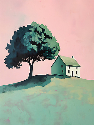 JPG 나무 길 분홍색 백그라운드 일러스트 자연 하늘 주택 풍경 사람없음 초록색 평화 언덕 디지털합성 심플 화창 편집소스 목가 국내일러스트 AI일러스트 AI콘텐츠 식물 컬러 컨셉 날씨 건물 생태계 파일형식