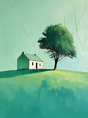 JPG 나무 길 백그라운드 일러스트 자연 하늘 주택 풍경 사람없음 초록색 평화 언덕 디지털합성 심플 화창 편집소스 목가 국내일러스트 AI일러스트 AI콘텐츠 식물 컬러 컨셉 날씨 건물 생태계 파일형식