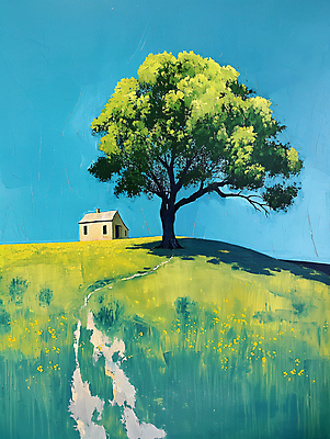 JPG 나무 길 백그라운드 일러스트 자연 하늘 주택 풍경 사람없음 초록색 파란색 평화 언덕 디지털합성 심플 화창 편집소스 목가 국내일러스트 AI일러스트 AI콘텐츠 식물 컬러 컨셉 날씨 건물 생태계 파일형식