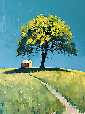 JPG 나무 길 백그라운드 일러스트 자연 하늘 주택 풍경 사람없음 초록색 파란색 평화 언덕 디지털합성 심플 화창 편집소스 목가 국내일러스트 AI일러스트 AI콘텐츠 식물 컬러 컨셉 날씨 건물 생태계 파일형식