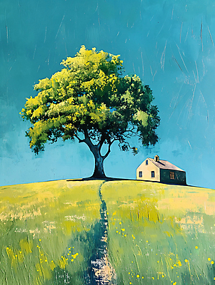 JPG 나무 길 백그라운드 일러스트 자연 하늘 주택 풍경 사람없음 초록색 파란색 평화 언덕 디지털합성 심플 화창 편집소스 목가 국내일러스트 AI일러스트 AI콘텐츠 식물 컬러 컨셉 날씨 건물 생태계 파일형식