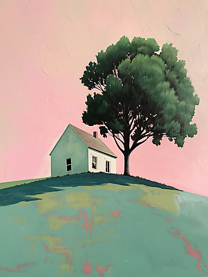 JPG 나무 길 분홍색 백그라운드 일러스트 자연 하늘 주택 풍경 사람없음 초록색 평화 언덕 디지털합성 심플 화창 편집소스 목가 국내일러스트 AI일러스트 AI콘텐츠 식물 컬러 컨셉 날씨 건물 생태계 파일형식