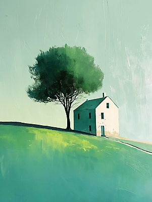 JPG 나무 길 백그라운드 일러스트 자연 하늘 주택 풍경 사람없음 초록색 평화 언덕 디지털합성 심플 화창 편집소스 목가 국내일러스트 AI일러스트 AI콘텐츠 식물 컬러 컨셉 날씨 건물 생태계 파일형식