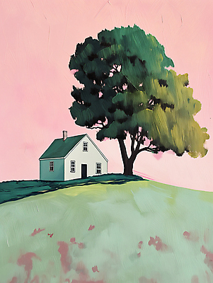 JPG 나무 길 분홍색 백그라운드 일러스트 자연 하늘 주택 풍경 사람없음 초록색 평화 언덕 디지털합성 심플 화창 편집소스 목가 국내일러스트 AI일러스트 AI콘텐츠 식물 컬러 컨셉 날씨 건물 생태계 파일형식