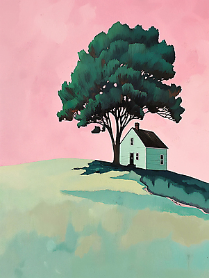 JPG 나무 길 분홍색 백그라운드 일러스트 자연 하늘 주택 풍경 사람없음 초록색 평화 언덕 디지털합성 심플 화창 편집소스 목가 국내일러스트 AI일러스트 AI콘텐츠 식물 컬러 컨셉 날씨 건물 생태계 파일형식