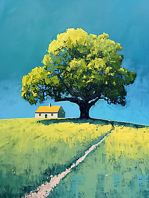 JPG 나무 길 백그라운드 일러스트 자연 하늘 주택 풍경 사람없음 초록색 파란색 평화 언덕 디지털합성 심플 화창 편집소스 목가 국내일러스트 AI일러스트 AI콘텐츠 식물 컬러 컨셉 날씨 건물 생태계 파일형식