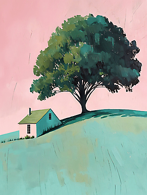 JPG 나무 길 분홍색 백그라운드 일러스트 자연 하늘 주택 풍경 사람없음 초록색 평화 언덕 디지털합성 심플 화창 편집소스 목가 국내일러스트 AI일러스트 AI콘텐츠 식물 컬러 컨셉 날씨 건물 생태계 파일형식