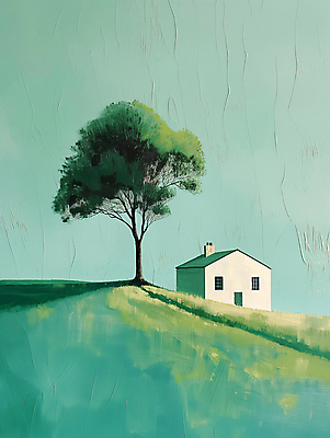 JPG 나무 길 백그라운드 일러스트 자연 하늘 주택 풍경 사람없음 초록색 평화 언덕 디지털합성 심플 화창 편집소스 목가 국내일러스트 AI일러스트 AI콘텐츠 식물 컬러 컨셉 날씨 건물 생태계 파일형식