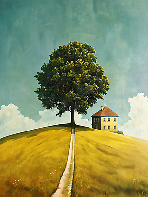 JPG 나무 길 백그라운드 일러스트 자연 하늘 주택 풍경 사람없음 초록색 평화 언덕 디지털합성 심플 화창 편집소스 목가 국내일러스트 AI일러스트 AI콘텐츠 식물 컬러 컨셉 날씨 건물 생태계 파일형식