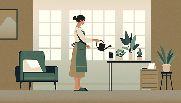전신 식물 여자 화분 가구 일러스트 창문 한명 들기 성인 인테리어 갈색 물뿌리개 모던 물주기 협탁 성인여자한명만 플랜테리어 국내일러스트 AI파일 1 디자인 컬러 생활용품 모션 사람 여자한명만 성인여자만 파일형식 벡터