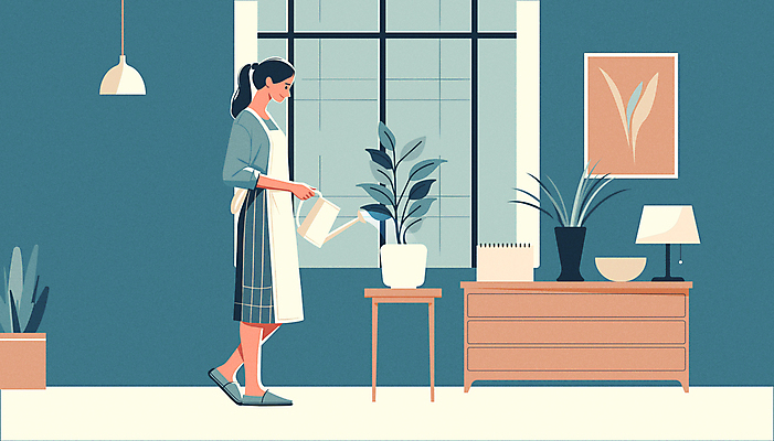 전신 식물 여자 화분 가구 일러스트 창문 한명 들기 성인 파란색 인테리어 물뿌리개 모던 물주기 협탁 성인여자한명만 플랜테리어 국내일러스트 AI파일 1 디자인 컬러 생활용품 모션 사람 여자한명만 성인여자만 파일형식 벡터