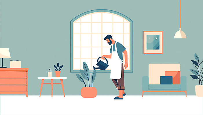 전신 식물 남자 화분 가구 일러스트 창문 한명 들기 성인 파란색 인테리어 물뿌리개 모던 물주기 협탁 성인남자한명만 플랜테리어 국내일러스트 AI파일 1 디자인 컬러 생활용품 모션 사람 남자한명만 성인남자만 파일형식 벡터