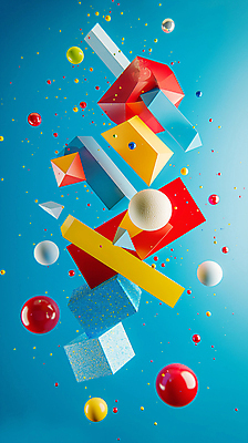 JPG 편집이미지 디자인 백그라운드 사람없음 파란색 3D 블록 다양 떠있는 입체 디지털합성 오브젝트 입체도형 편집소스 편집3D AI컴퓨터그래픽 AI콘텐츠 도형 컬러 다수 모션 파일형식