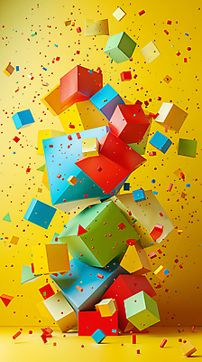 JPG 편집이미지 디자인 백그라운드 사람없음 노란색 3D 블록 다양 입체 디지털합성 오브젝트 입체도형 편집소스 편집3D AI컴퓨터그래픽 AI콘텐츠 도형 컬러 다수 파일형식