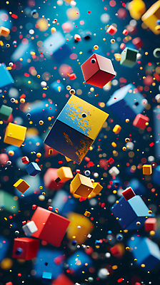 JPG 편집이미지 디자인 백그라운드 사람없음 파란색 3D 블록 다양 떠있는 입체 디지털합성 오브젝트 입체도형 편집소스 편집3D AI컴퓨터그래픽 AI콘텐츠 도형 컬러 다수 모션 파일형식