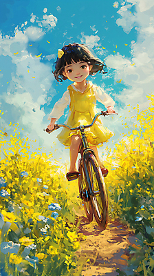 JPG 전신 여자 꽃 행복 어린이 백그라운드 일러스트 하늘 밝음 한명 소녀 여름 노란색 자전거 승차 디지털합성 활기 소녀한명만 국내일러스트 AI일러스트 AI콘텐츠 식물 1 계절 감정 컬러 컨셉 모션 사람 바이크 여자한명만 소녀만 파일형식
