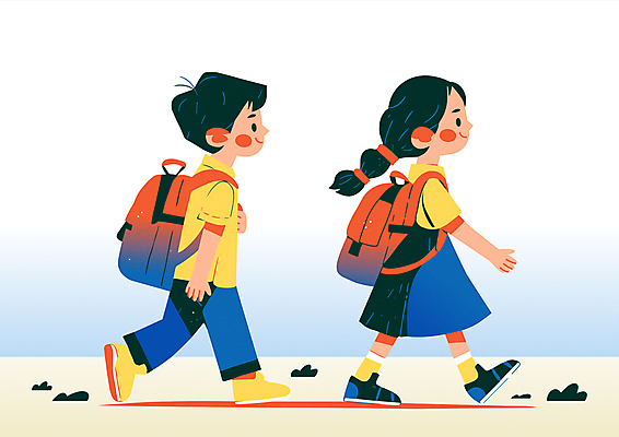 전신 여자 교육 남자 초등학생 어린이 일러스트 책가방 소녀 소년 두명 생활 친구 걷기 등교 하교 어린이만 국내일러스트 AI파일 학생 가방 관계 모션 사람 등하교 파일형식 벡터