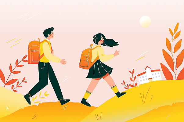 전신 학생 여자 교육 남자 어린이 일러스트 청소년 책가방 고등학교 두명 생활 친구 노란색 걷기 풀 등교 하교 중학교 십대만 중고등학생 국내일러스트 AI파일 식물 컬러 가방 학교 관계 모션 중학생 고등학생 사람 등하교 파일형식 벡터