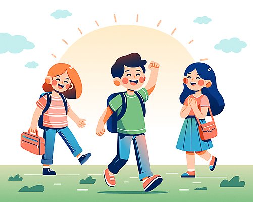 전신 학생 여자 교육 남자 행복 초등학생 어린이 일러스트 책가방 웃음 소녀 소년 생활 세명 친구 태양 손들기 즐거움 등교 하교 어린이만 국내일러스트 AI파일 자연요소 감정 가방 관계 모션 표정 사람 등하교 파일형식 벡터