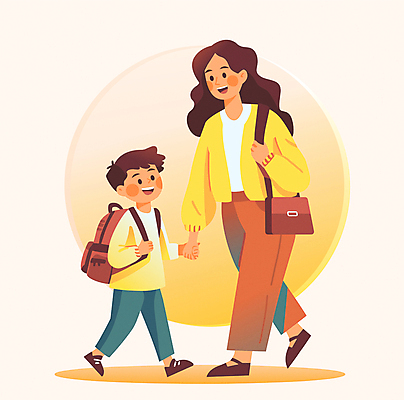 전신 학생 여자 교육 남자 아들 초등학생 어린이 일러스트 가족 엄마 책가방 소년 성인 두명 생활 노란색 걷기 손잡기 등교 하교 보호자 국내일러스트 AI파일 컬러 가방 관계 모션 사람 등하교 파일형식 벡터