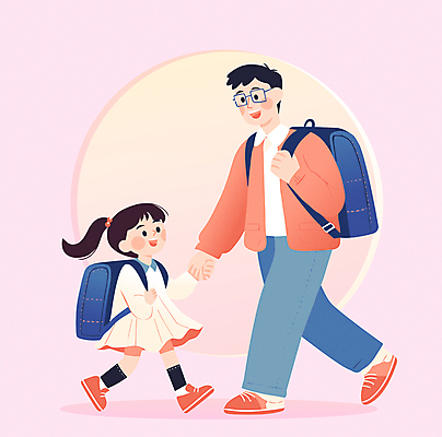 전신 학생 여자 교육 남자 딸 초등학생 어린이 분홍색 일러스트 가족 책가방 소녀 성인 두명 생활 걷기 손잡기 아빠 등교 하교 보호자 국내일러스트 AI파일 컬러 가방 관계 모션 사람 등하교 파일형식 벡터