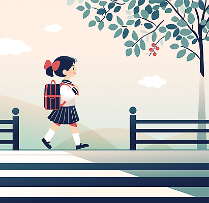 전신 나무 학생 여자 교육 초등학생 어린이 일러스트 거리 책가방 한명 소녀 생활 초록색 걷기 횡단보도 등교 하교 소녀한명만 국내일러스트 AI파일 식물 1 컬러 가방 모션 사람 보행로 등하교 여자한명만 소녀만 파일형식 벡터